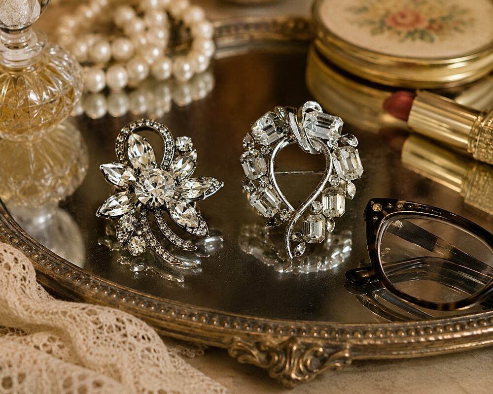 Vintage Weiss Rhinestone Brooch Bundle Clear Crystal Silver Tone Pins Set of 2